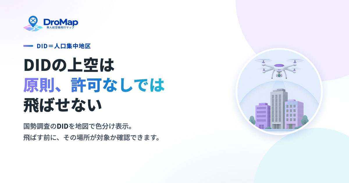ドロマップの案内画像。「DID=人口集中地区」という見出しと、国勢調査のDIDを地図で色分け表示し、飛ばす前にその場所が対象か確認できることを示す説明