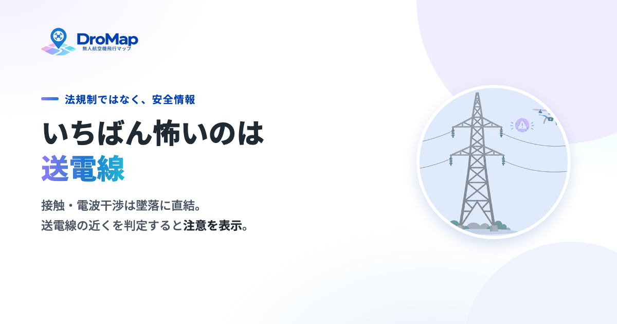 ドロマップの案内カード「いちばん怖いのは送電線」。「法規制ではなく、安全情報」という見出しとともに、送電線に近づくと注意を表示する仕組みを示す図。